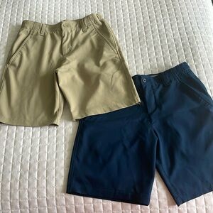 2 pairs, navy and khaki, boys performance Under Armor shorts, size youth medium